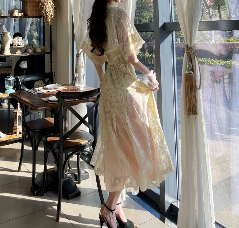 Ornate Short Sleeve White Prom Dress Lace A-Line Evening Dress C8778