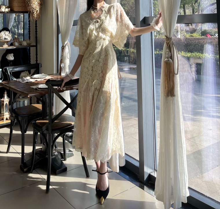Ornate Short Sleeve White Prom Dress Lace A-Line Evening Dress C8778