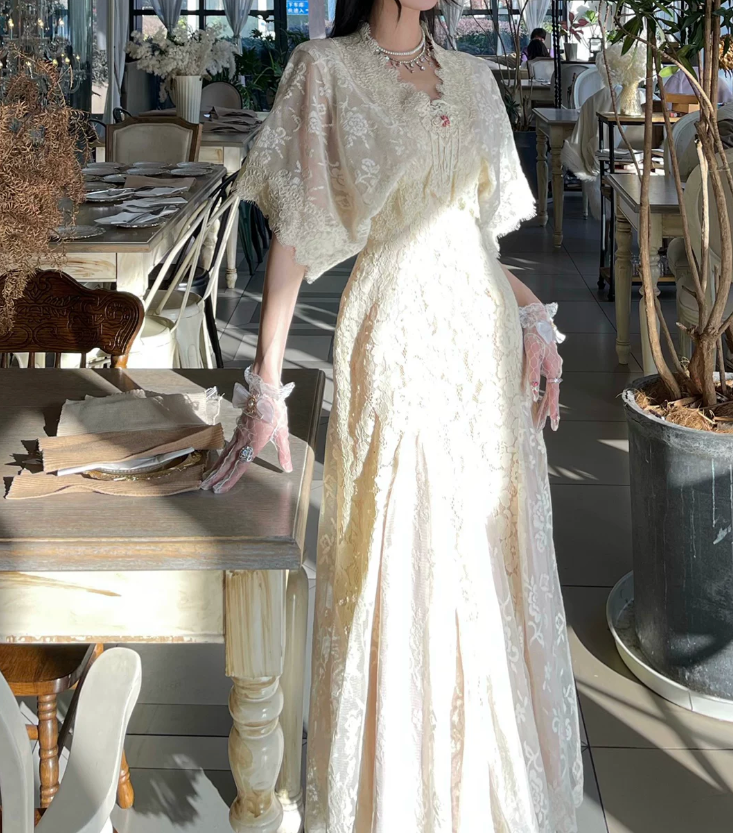 Ornate Short Sleeve White Prom Dress Lace A-Line Evening Dress C8778