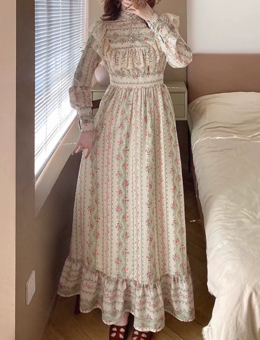 Cottagecore Long Sleeve Green Prom Dress Floral A-Line Evening Dress C8779