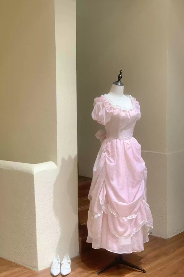 Cute Short Sleeve Pink Ball Gown Bows Ruffles Lace Sweet 16 Dresses C8780