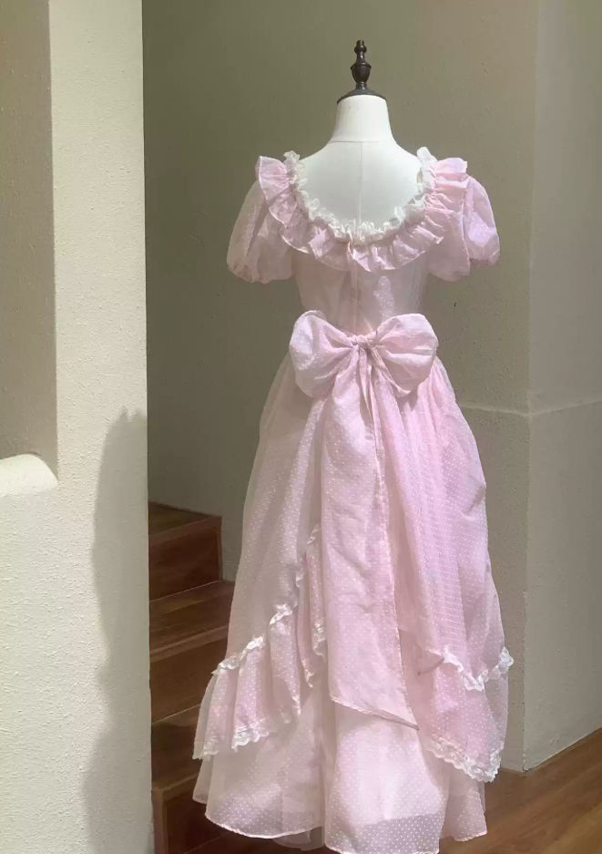 Cute Short Sleeve Pink Ball Gown Bows Ruffles Lace Sweet 16 Dresses C8780