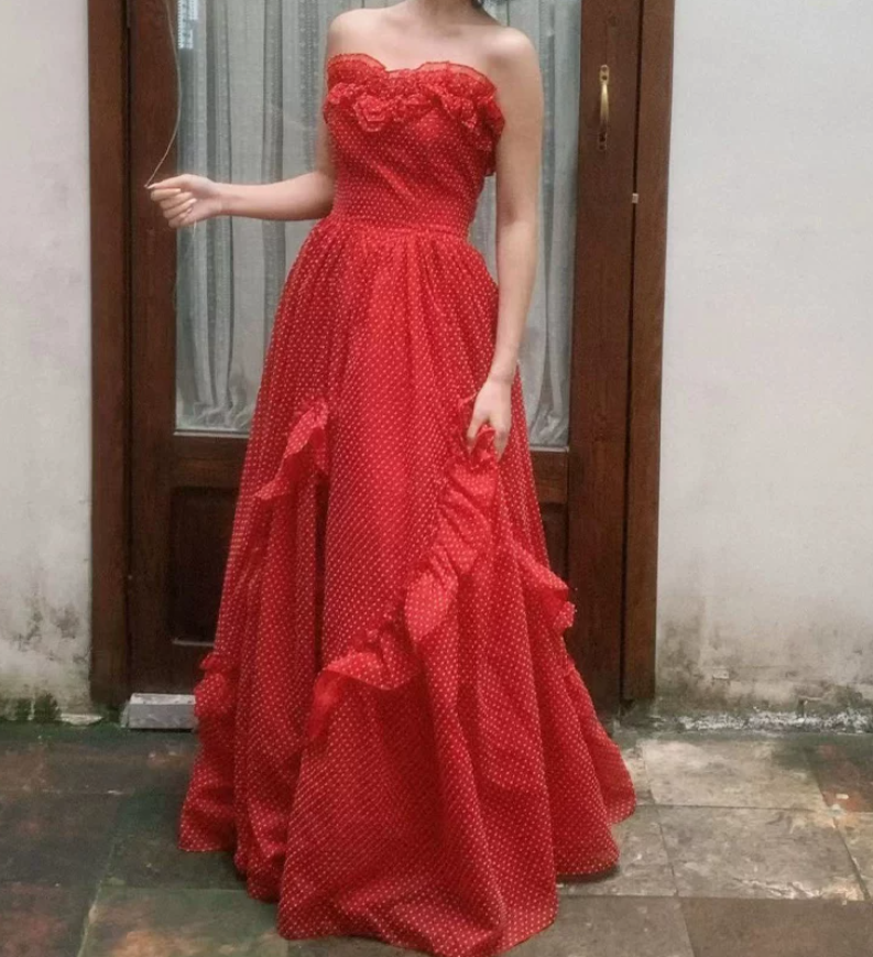 Sexy Strapless Red Prom Dress Polka Dots Tulle A-Line Evening Dress C8781
