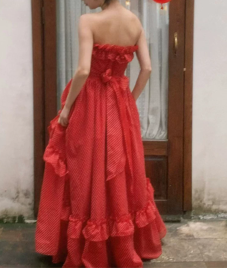 Sexy Strapless Red Prom Dress Polka Dots Tulle A-Line Evening Dress C8781