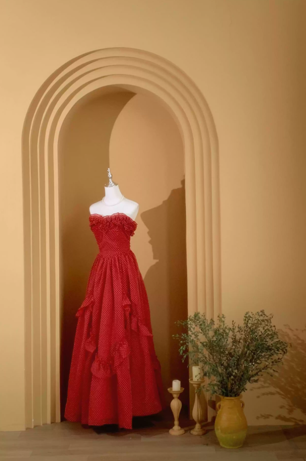 Sexy Strapless Red Prom Dress Polka Dots Tulle A-Line Evening Dress C8781