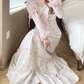 Flowy Short Sleeve Floral Prom Dress Pink Ruffles A-Line Evening Dress C8782