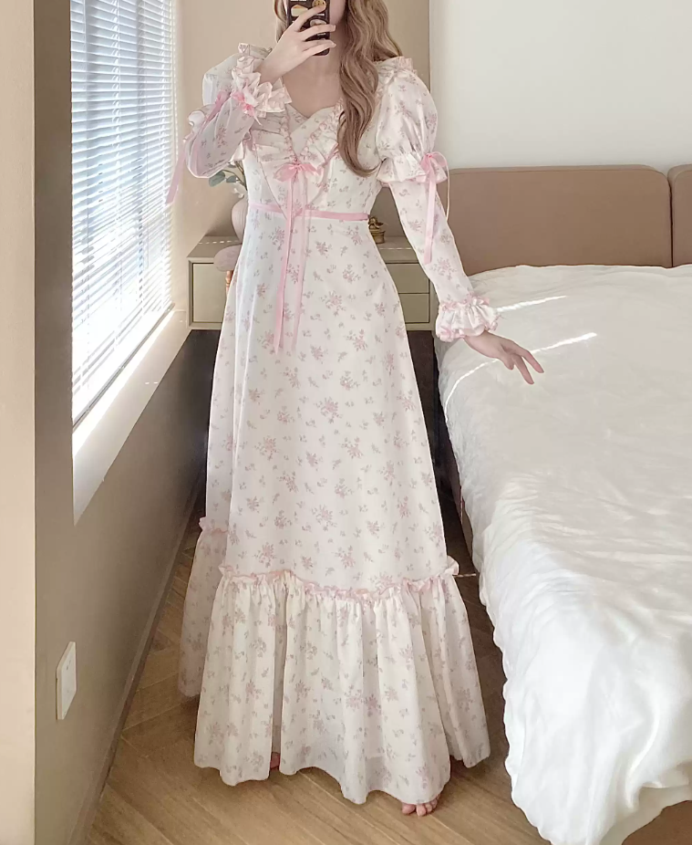 Flowy Short Sleeve Floral Prom Dress Pink Ruffles A-Line Evening Dress C8782