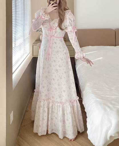 Flowy Short Sleeve Floral Prom Dress Pink Ruffles A-Line Evening Dress C8782