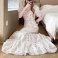 Flowy Short Sleeve Floral Prom Dress Pink Ruffles A-Line Evening Dress C8782