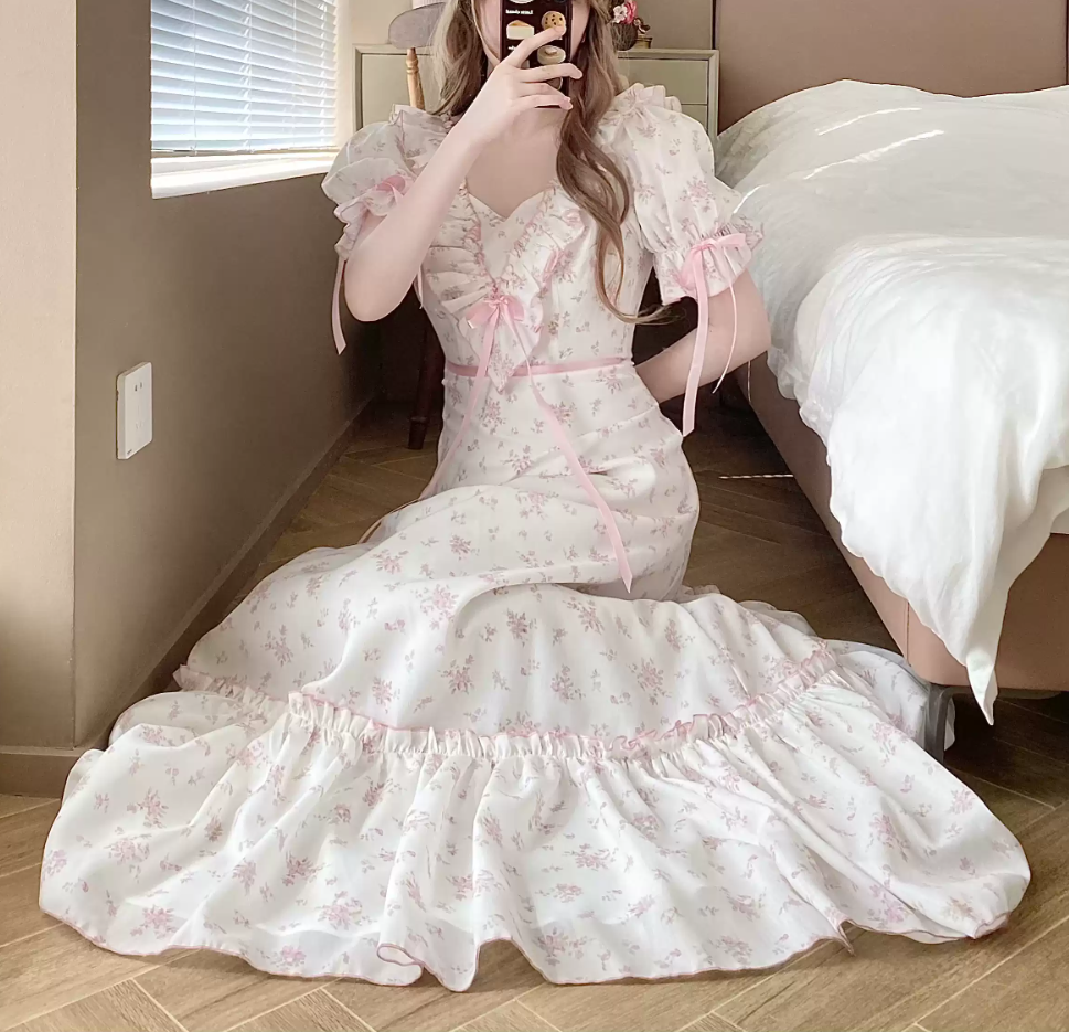 Flowy Short Sleeve Floral Prom Dress Pink Ruffles A-Line Evening Dress C8782