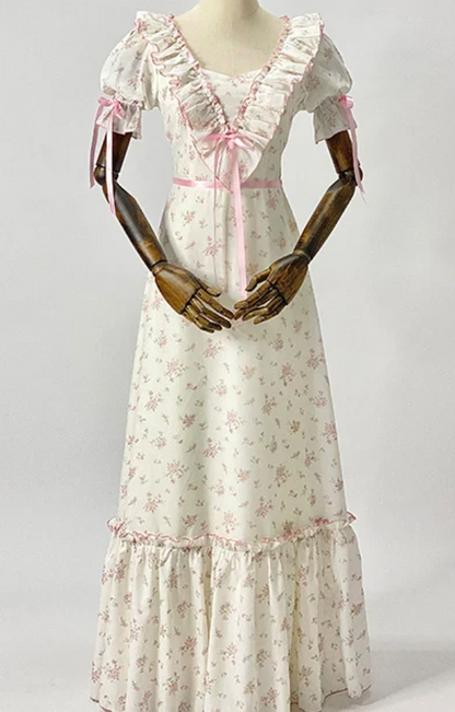 Flowy Short Sleeve Floral Prom Dress Pink Ruffles A-Line Evening Dress C8782