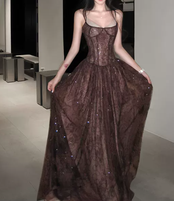 Vintage Spaghetti Straps Brown Prom Dress Lace Sequins A-Line Evening Dress C8784