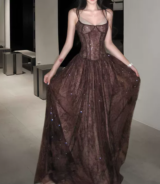 Vintage Spaghetti Straps Brown Prom Dress Lace Sequins A-Line Evening Dress C8784