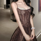 Vintage Spaghetti Straps Brown Prom Dress Lace Sequins A-Line Evening Dress C8784