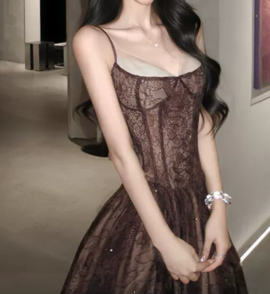 Vintage Spaghetti Straps Brown Prom Dress Lace Sequins A-Line Evening Dress C8784