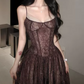 Vintage Spaghetti Straps Brown Prom Dress Lace Sequins A-Line Evening Dress C8784