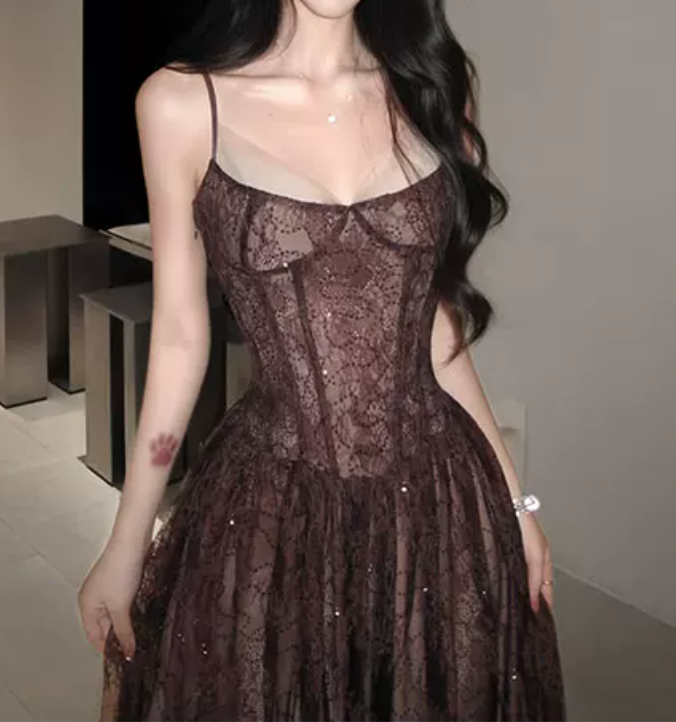 Vintage Spaghetti Straps Brown Prom Dress Lace Sequins A-Line Evening Dress C8784