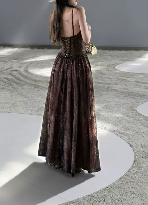 Vintage Spaghetti Straps Brown Prom Dress Lace Sequins A-Line Evening Dress C8784