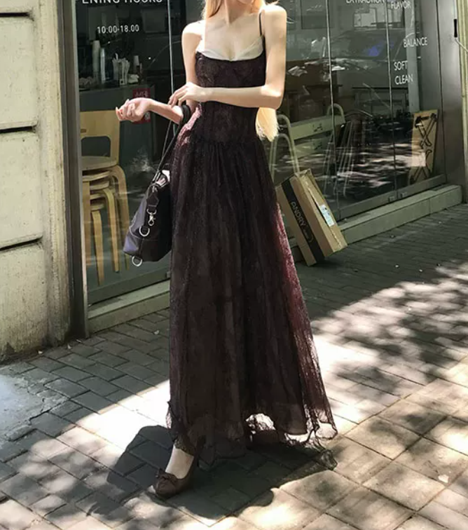 Vintage Spaghetti Straps Brown Prom Dress Lace Sequins A-Line Evening Dress C8784