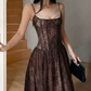 Vintage Spaghetti Straps Brown Prom Dress Lace Sequins A-Line Evening Dress C8784