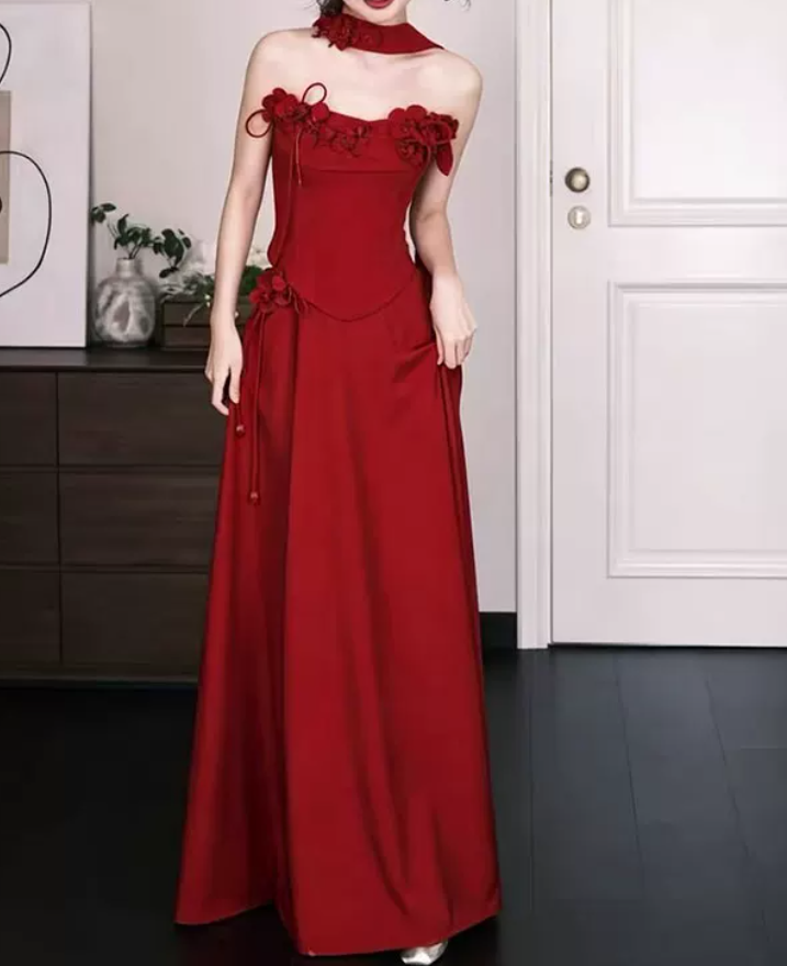 Robe de bal de princesse bustier à volants en satin long, robe de soirée C8117