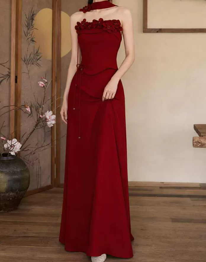 Robe de bal de princesse bustier à volants en satin long, robe de soirée C8117