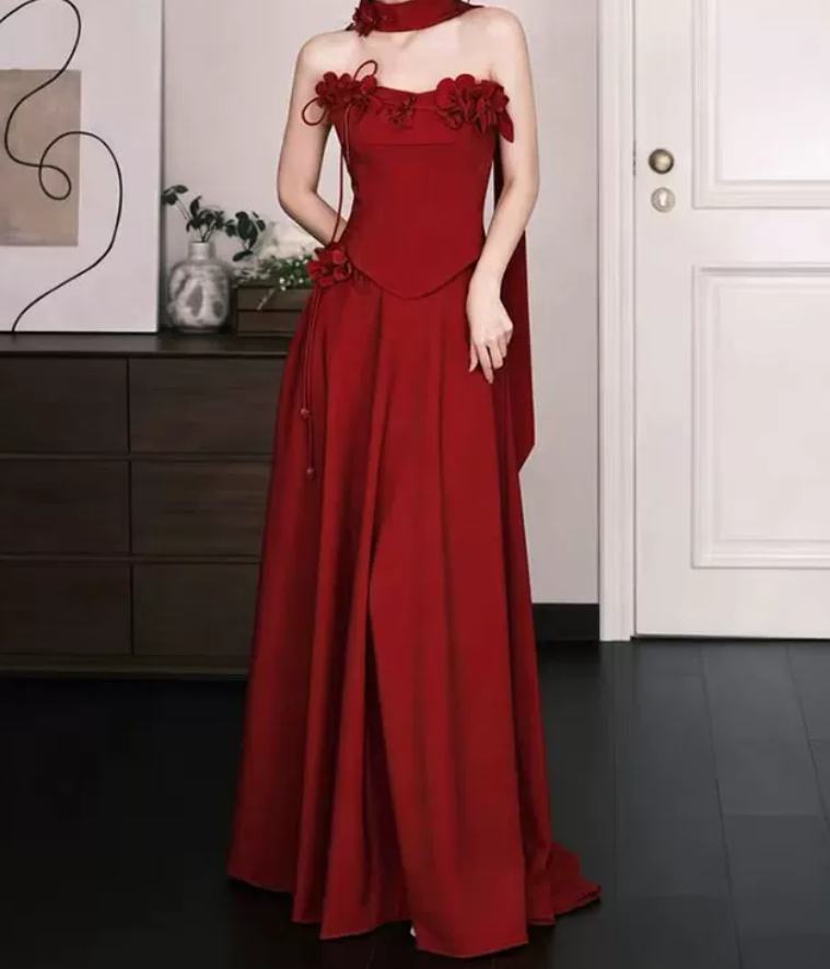 Robe de bal de princesse bustier à volants en satin long, robe de soirée C8117