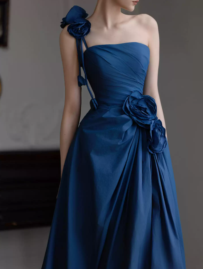 Vintage One Shoulder Blue Prom Dress Appliques A-Line Evening Dress C8786