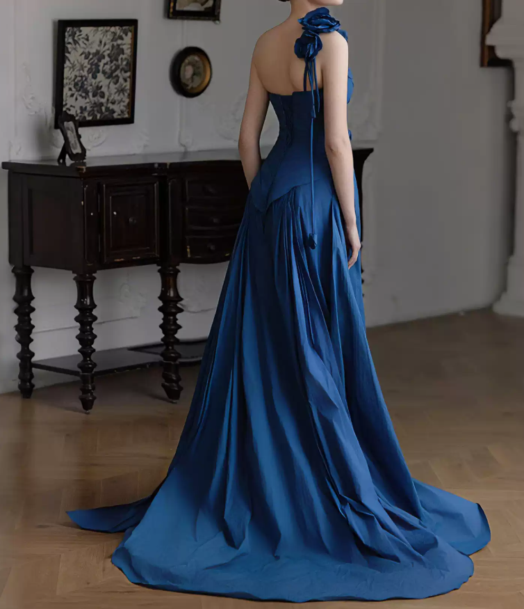 Vintage One Shoulder Blue Prom Dress Appliques A-Line Evening Dress C8786