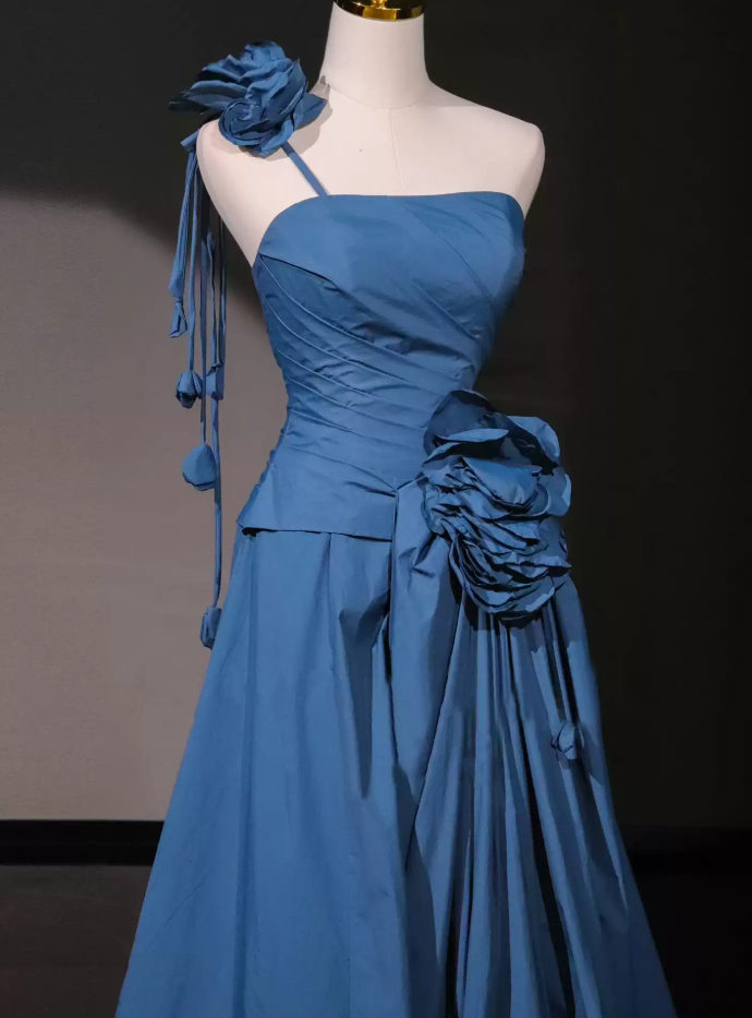 Vintage One Shoulder Blue Prom Dress Appliques A-Line Evening Dress C8786
