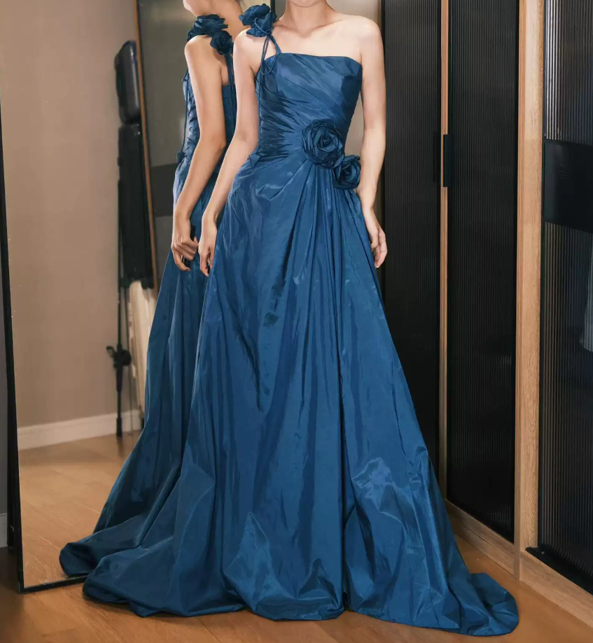 Vintage One Shoulder Blue Prom Dress Appliques A-Line Evening Dress C8786