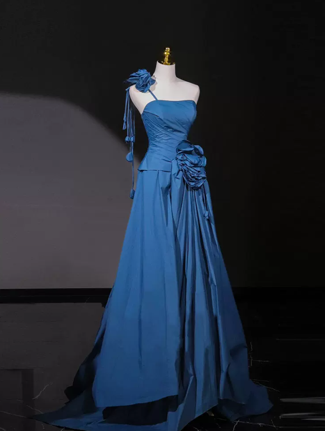 Vintage One Shoulder Blue Prom Dress Appliques A-Line Evening Dress C8786