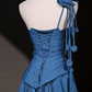 Vintage One Shoulder Blue Prom Dress Appliques A-Line Evening Dress C8786