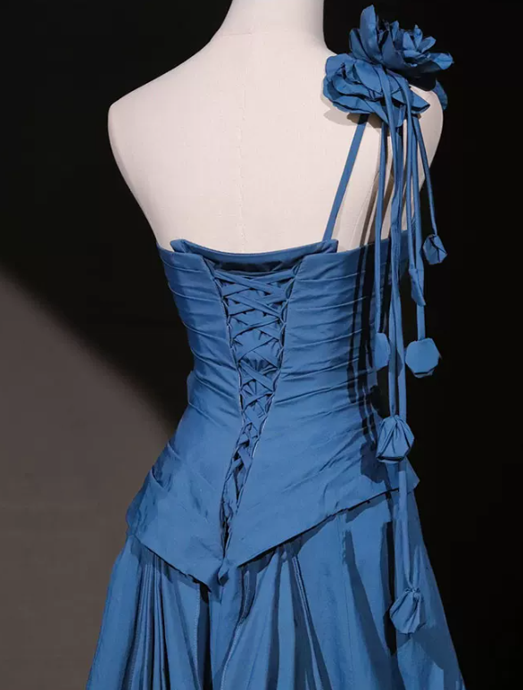 Vintage One Shoulder Blue Prom Dress Appliques A-Line Evening Dress C8786