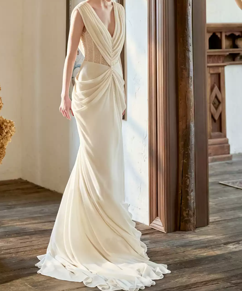 Graceful V Neck Ivory Prom Dress Beads Draped A-Line Evening Dress C8787