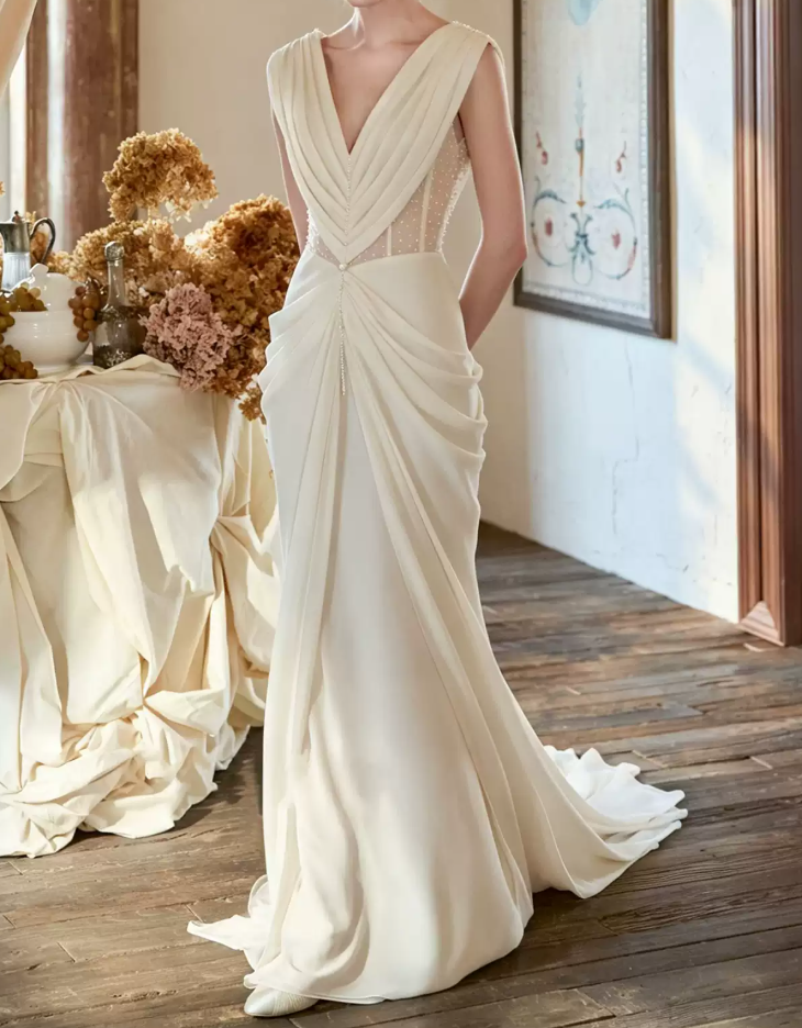 Graceful V Neck Ivory Prom Dress Beads Draped A-Line Evening Dress C8787