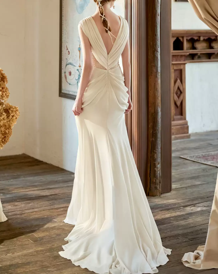 Graceful V Neck Ivory Prom Dress Beads Draped A-Line Evening Dress C8787