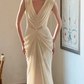 Graceful V Neck Ivory Prom Dress Beads Draped A-Line Evening Dress C8787