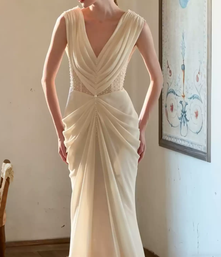 Graceful V Neck Ivory Prom Dress Beads Draped A-Line Evening Dress C8787