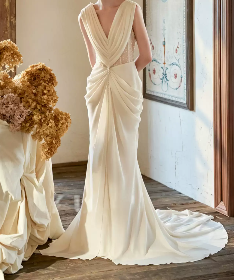 Graceful V Neck Ivory Prom Dress Beads Draped A-Line Evening Dress C8787