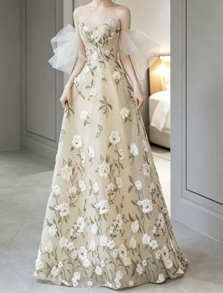 Robe de bal de princesse bustier à volants en satin long, robe de soirée C8117