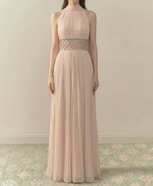 Sweet Halter Neck Pink Prom Dress Sequins A-Line Evening Dress C8790