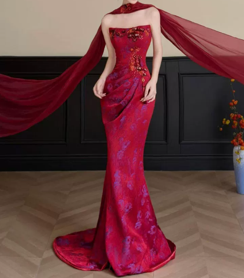 Robe de bal de princesse bustier à volants en satin long, robe de soirée C8117