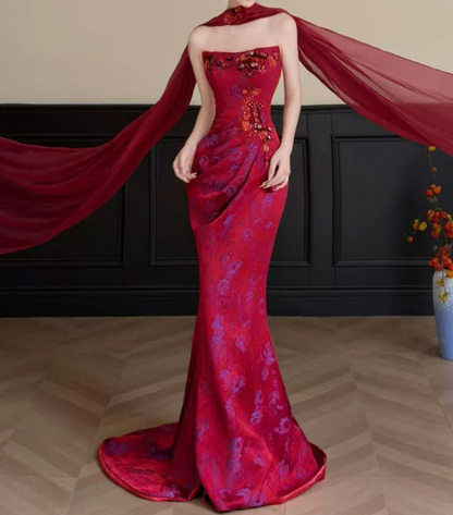 Robe de bal de princesse bustier à volants en satin long, robe de soirée C8117