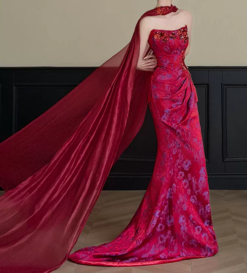 Robe de bal de princesse bustier à volants en satin long, robe de soirée C8117