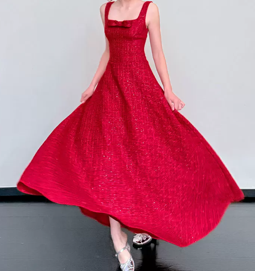 Attractive Spaghetti Straps Red Prom Dress Sequins Bow A-Line Evening Dress C8792
