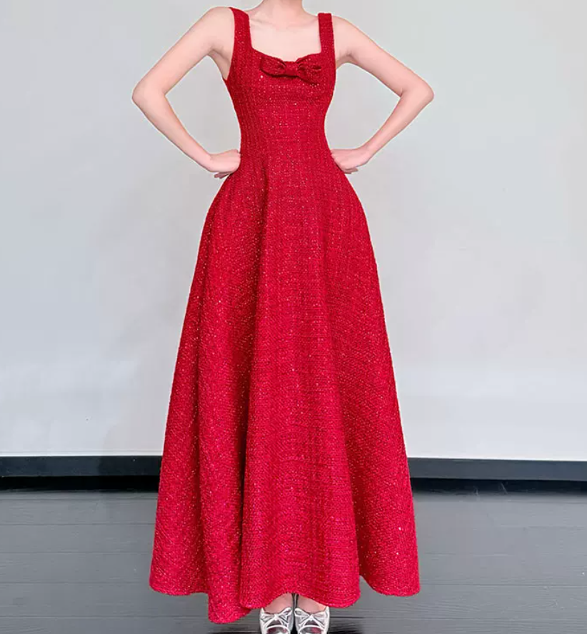Attractive Spaghetti Straps Red Prom Dress Sequins Bow A-Line Evening Dress C8792