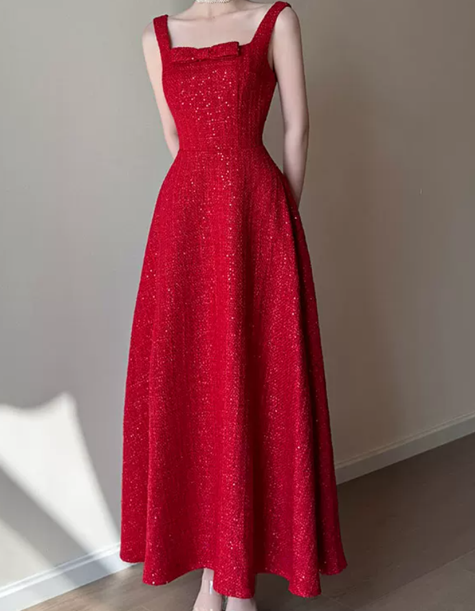 Attractive Spaghetti Straps Red Prom Dress Sequins Bow A-Line Evening Dress C8792