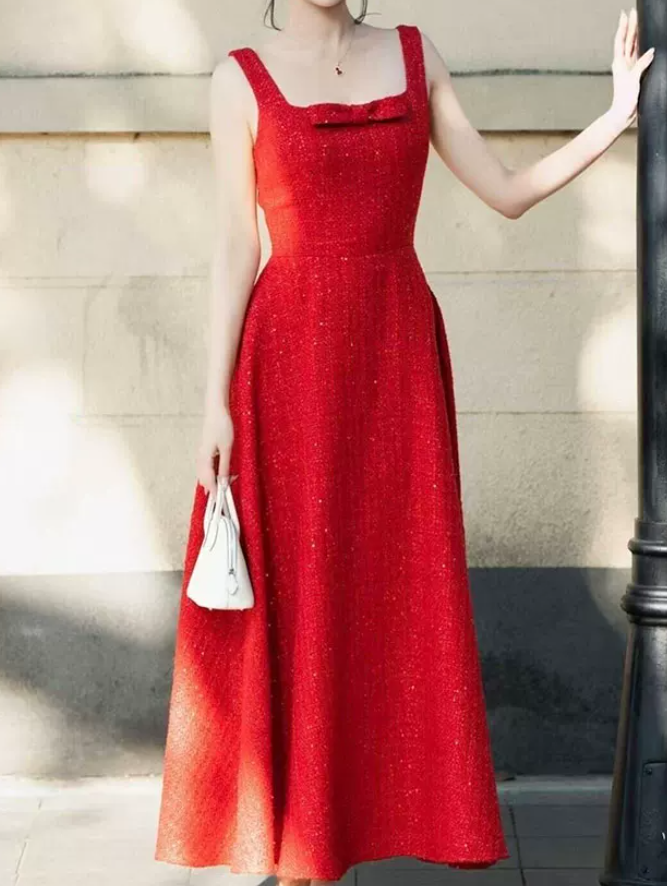 Attractive Spaghetti Straps Red Prom Dress Sequins Bow A-Line Evening Dress C8792