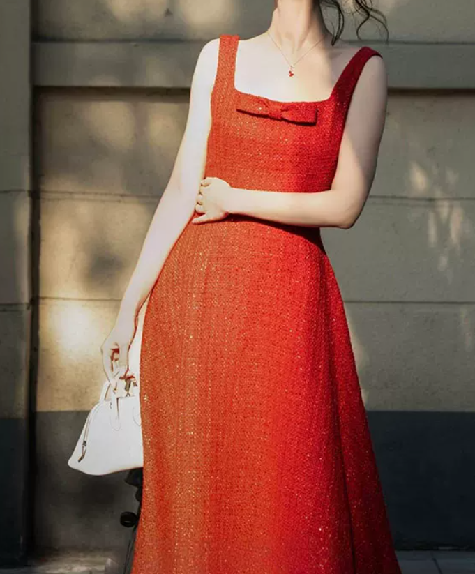 Attractive Spaghetti Straps Red Prom Dress Sequins Bow A-Line Evening Dress C8792